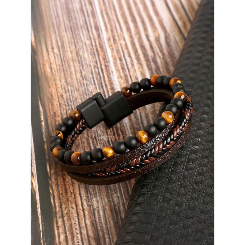 Thrillz Men Leather Artificial Beads Beaded Multistrand Bracelet