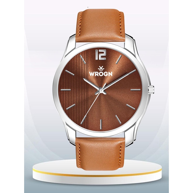 WROGN Men Brass Dial & Leather Straps Water Resistant Analogue Watch WR-6606-Brown