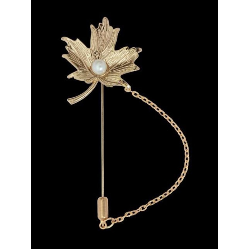 Curren Men Rose Plated Pearls Studded Maple Leaf Lapel Pin Brooch