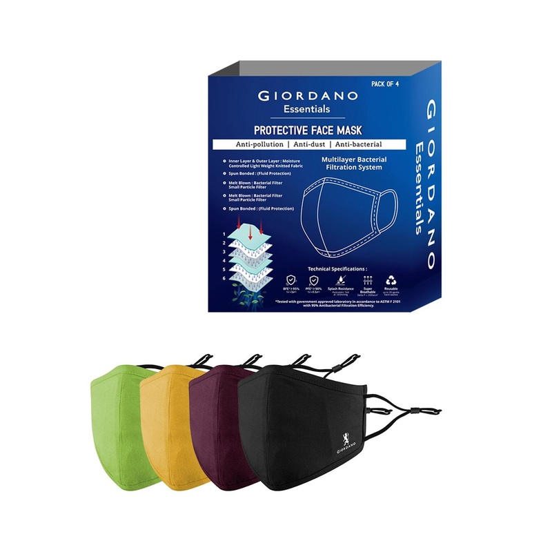 GIORDANO Adult Pack Of 4 Solid 6-Ply Reusable Cotton Protective Outdoor Masks