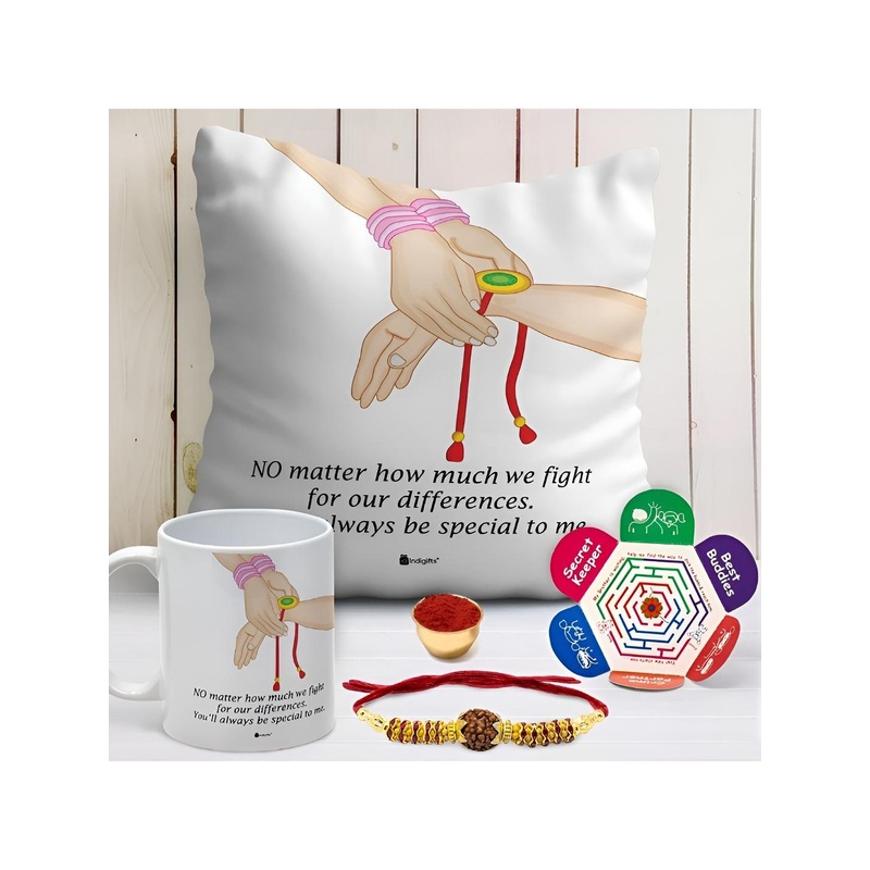 Indigifts Rakhi And Cushion  With Mug Gift Set 330 ml