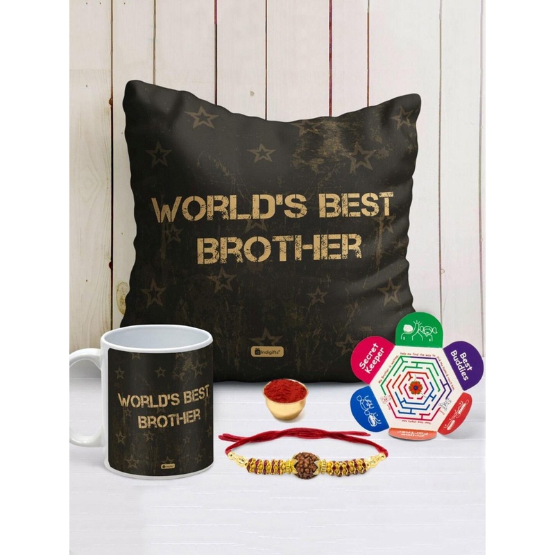 Indigifts World’s Best Brother Printed Cushion & Rakhi Gift Sets