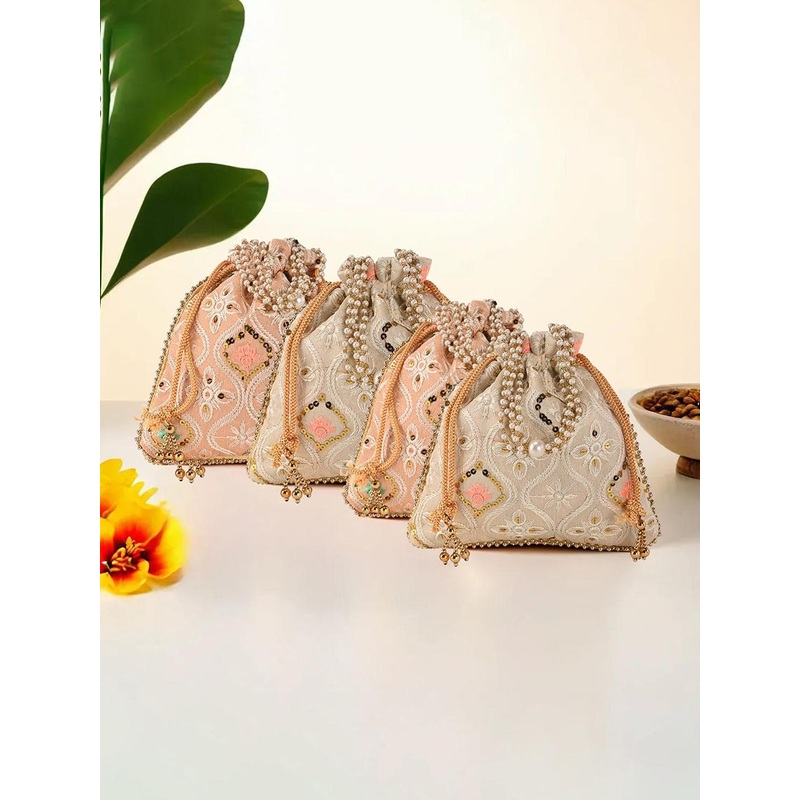 Kuber Industries 4 Pieces Lakhnavi Embroidered Pearl Handle Potli Clutches