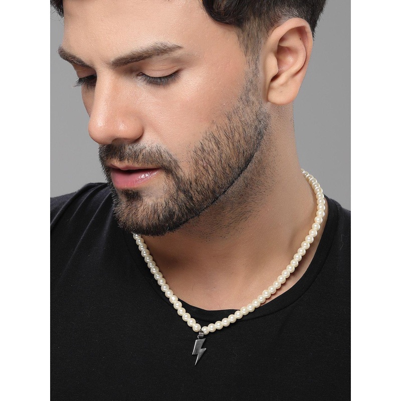 Sanjog Men Beaded Flash Charm Oxidised Pendant With Pearl Chain Choker Necklace