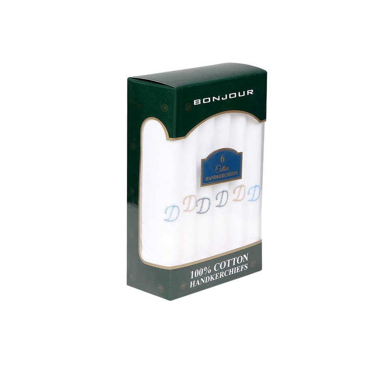 Bonjour Men Set Of 6 White Solid Handkerchiefs with D Initials