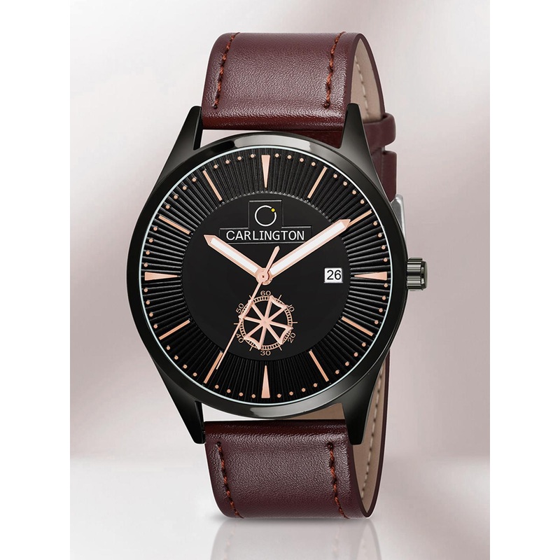 CARLINGTON Men Black Alloy Dial & Brown Leather Straps Analogue Watch