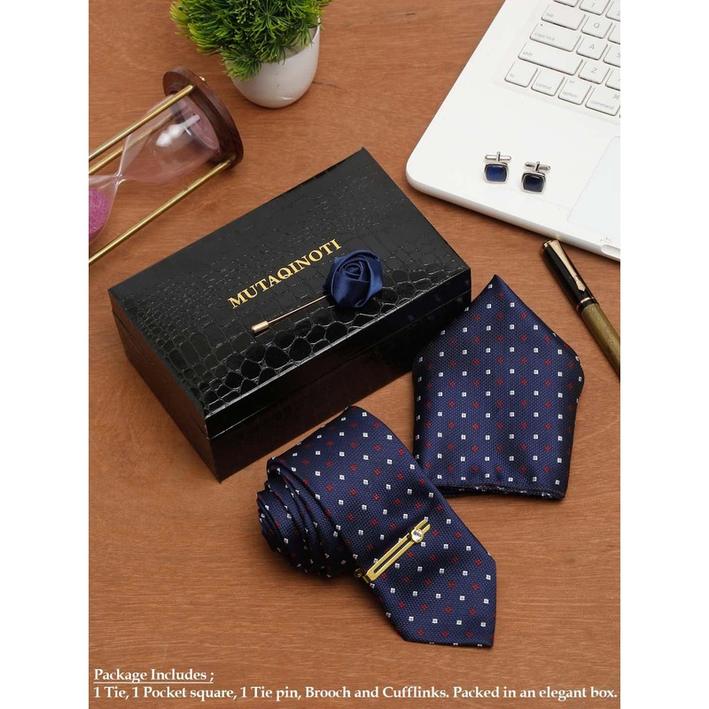 MUTAQINOTI Men Multi Checked Silk Necktie Accessory Gift Set