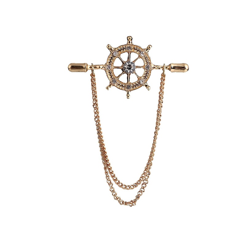 SYGA Men Stones Studded Rudder Brooch With Chain