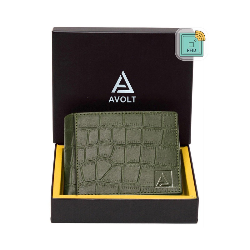 AVOLT Men Olive Green Textured Leather Two Fold Wallet