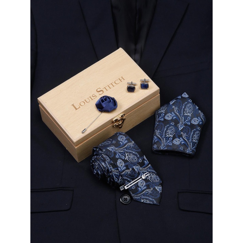 LOUIS STITCH Men’s Royal Blue Italian Silk Necktie Accessory Gift Set