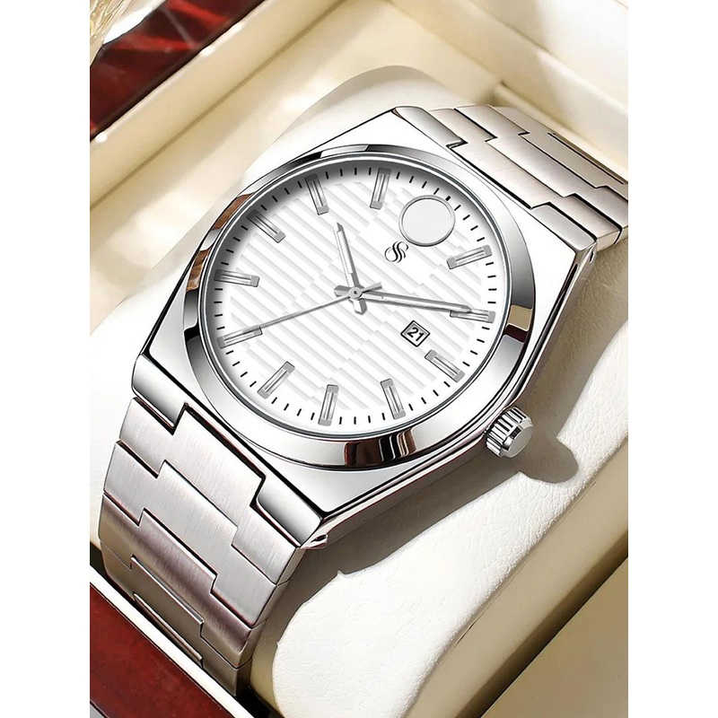 Shocknshop Men Patterned Stainless Steel Straps Analogue Multi Function Watch WCH152White