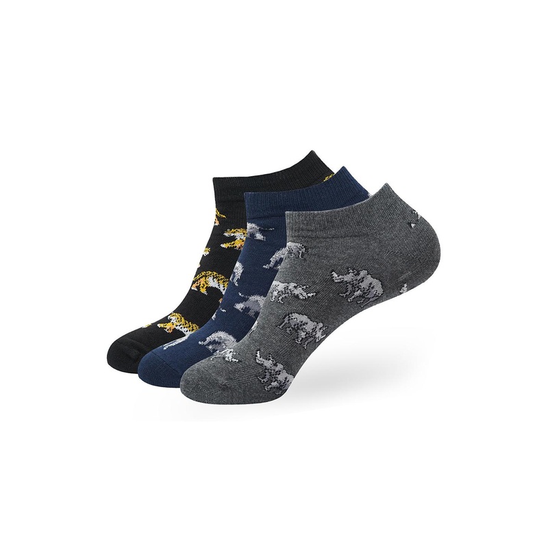 Socksxpress WWF Men Pack of 3 Tiger, Elephant, Rhino Patterned Cotton Ankle Socks