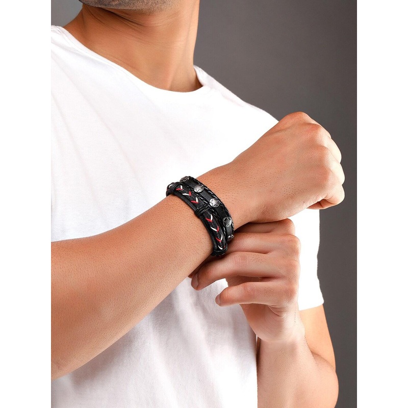 The Roadster Lifestyle Co Men Black & Red Set Of 2 Leather Wraparound Bracelet