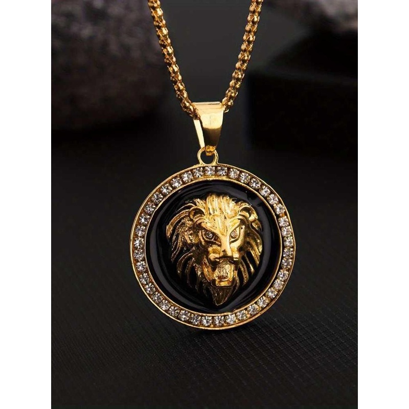 Bling Queen Gold-Plated StainlessSteel Cubic-Zirconia Studded Lion Head Pendant With Chain