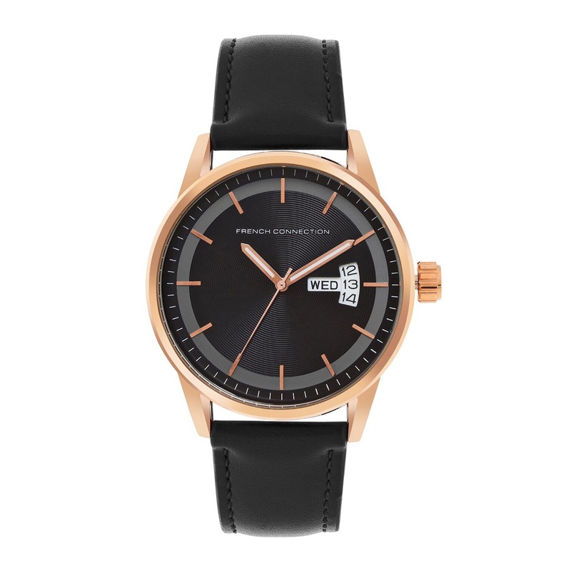 French Connection Men Black Dial & Black Leather Straps Analogue Watch FC154RGM-Black