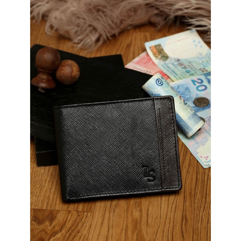 LOUIS STITCH Black Saffiano Leather Two Fold Slim Wallet Purse for Men
