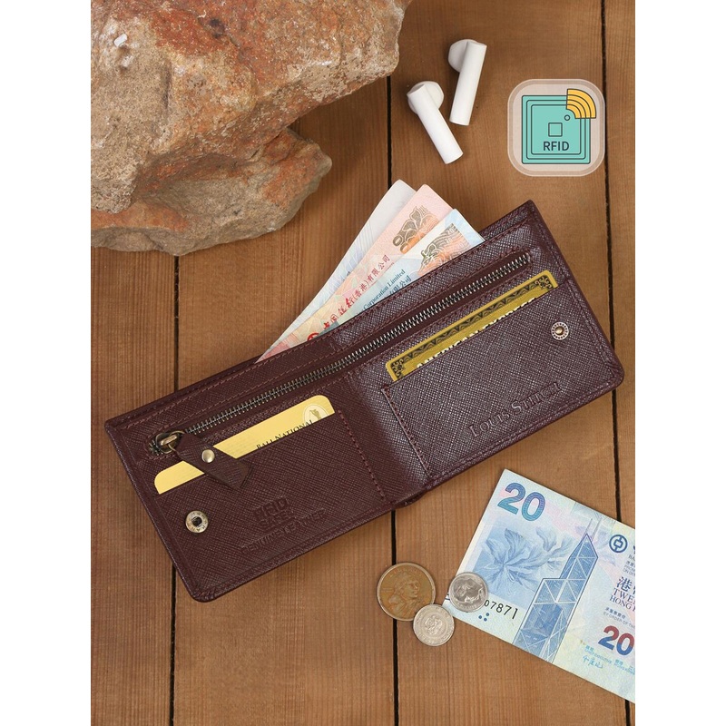 Louis Stitch Maroon Saffiano Leather Bifold Men’s Wallet with Zip Pocket and RFID Blocking