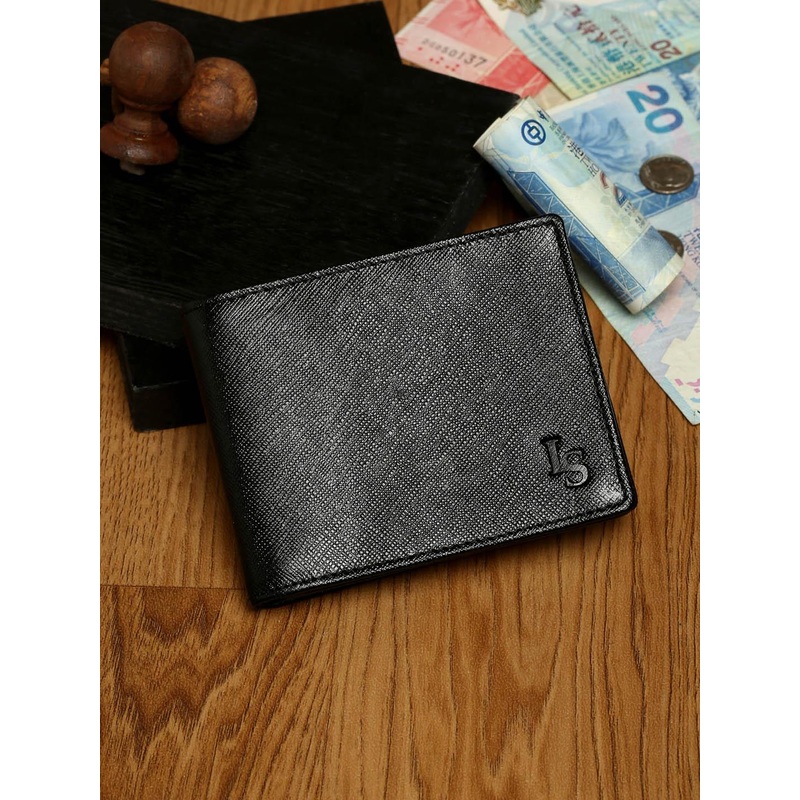LOUIS STITCH Men Saffiano Leather Black Bifold Slim Wallet with RFID Protection