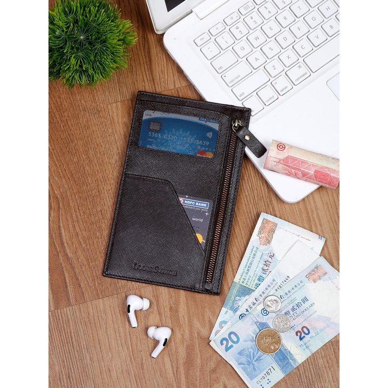 LOUIS STITCH Men Saffiano Leather Brown Passport Card Slim Wallet Purse