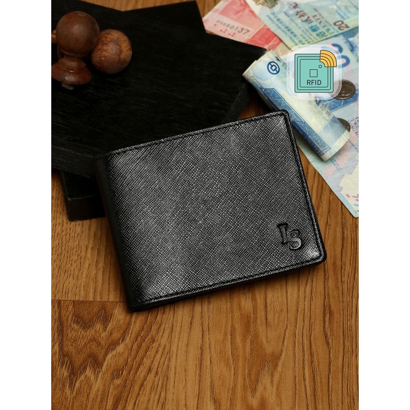 Louis Stitch Saffiano Leather Men’s Black Bi-fold Slim Wallet with RFID Protection