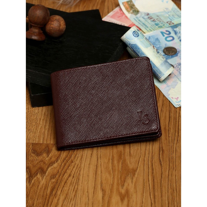 LOUIS STITCH Saffiano Leather Men’s Maroon Bi-fold Slim Wallet with RFID Protection