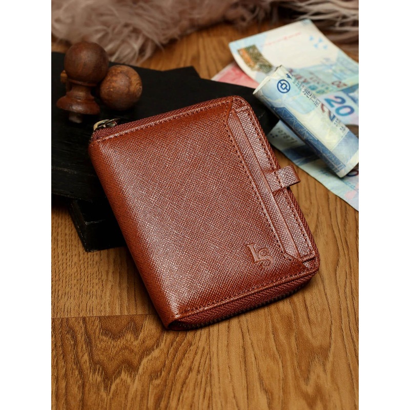 LOUIS STITCH Tan Saffiano Leather Two fold Men’s Zipper Wallet Purse