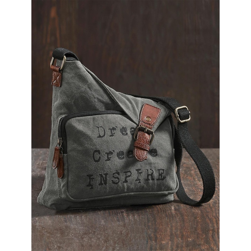 Mona B Grey Upcycled Canvas Printed Messenger Bag