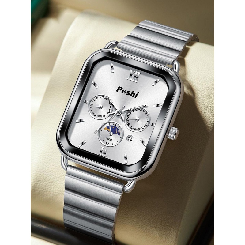 Poshi Men Square Dial Stainless Steel Strap Watch with Adjustable Clasp