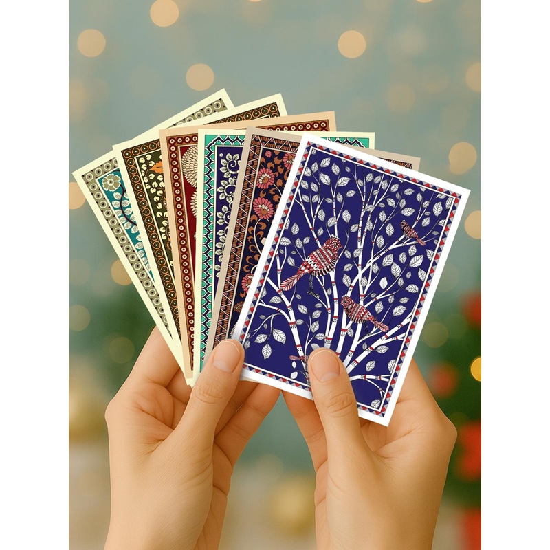 Doodle Beige & Maroon Set Of 12 Kalamkari Art Notecards With Envelope