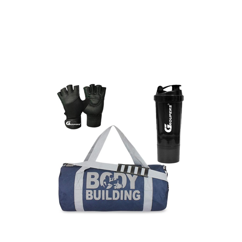 GROUPERS Unisex Medium Foldable Gym Duffel Bag With Shaker Bottle & Training Gloves
