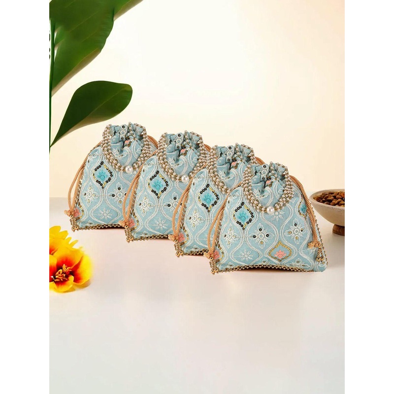 Kuber Industries 4 Pieces Embroidered Potli Clutches With Pearl Handle