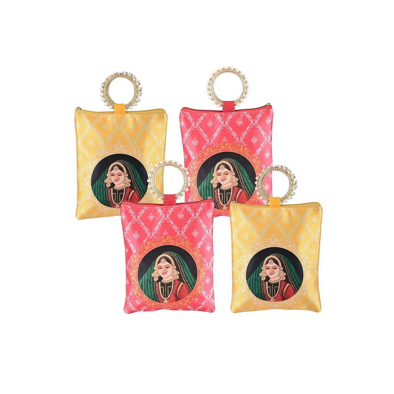 Kuber Industries 4 Pieces Maharani Printed Silk Zip & Handle Clutches