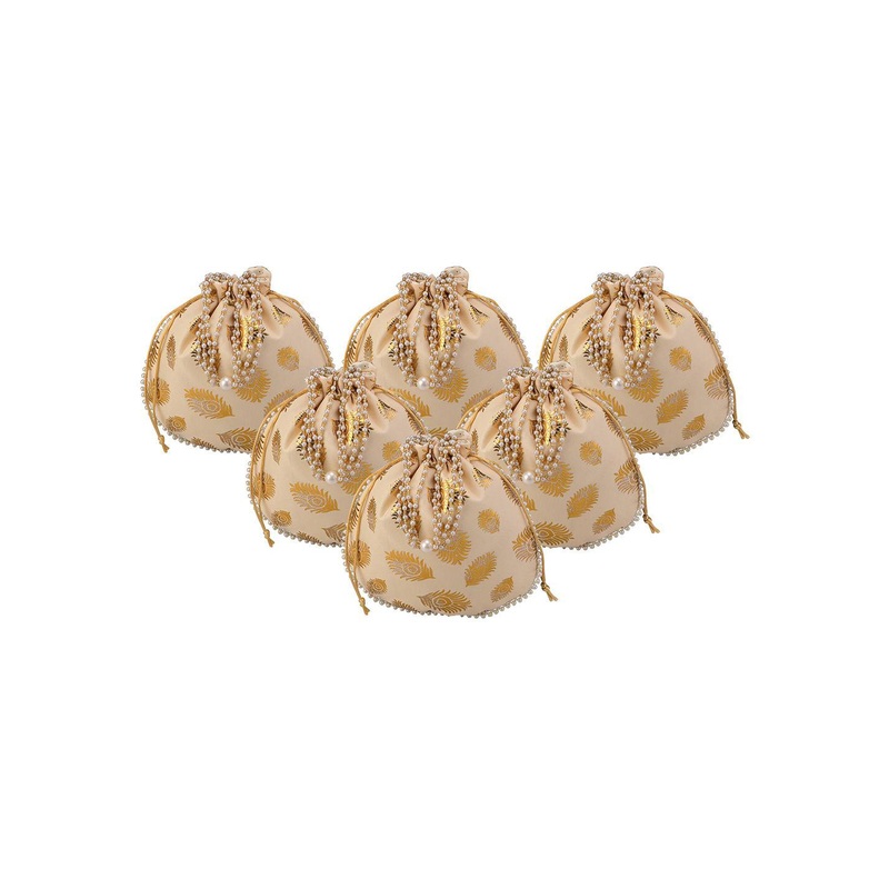Kuber Industries Unisex Set Of 6 Embroidered Potli Clutchs With Beads Handle