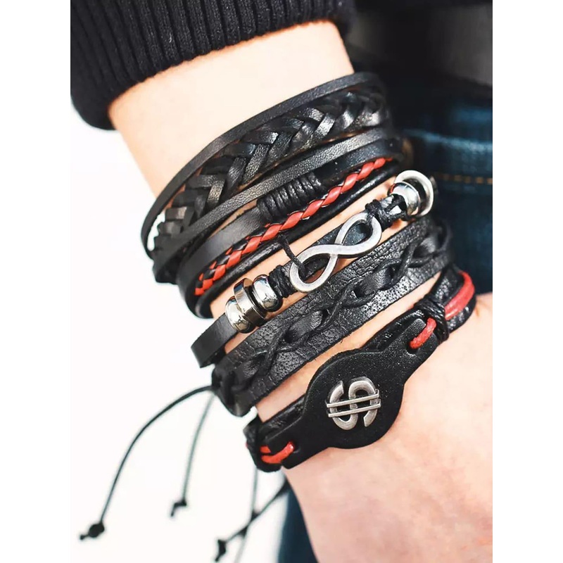 Shining Diva Fashion Men 5 Black  Red Leather Multistrand Bracelet