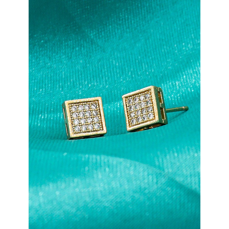 FIMBUL Men Stainless Steel Gold Plated Cubic Zirconia Studded Square Studs