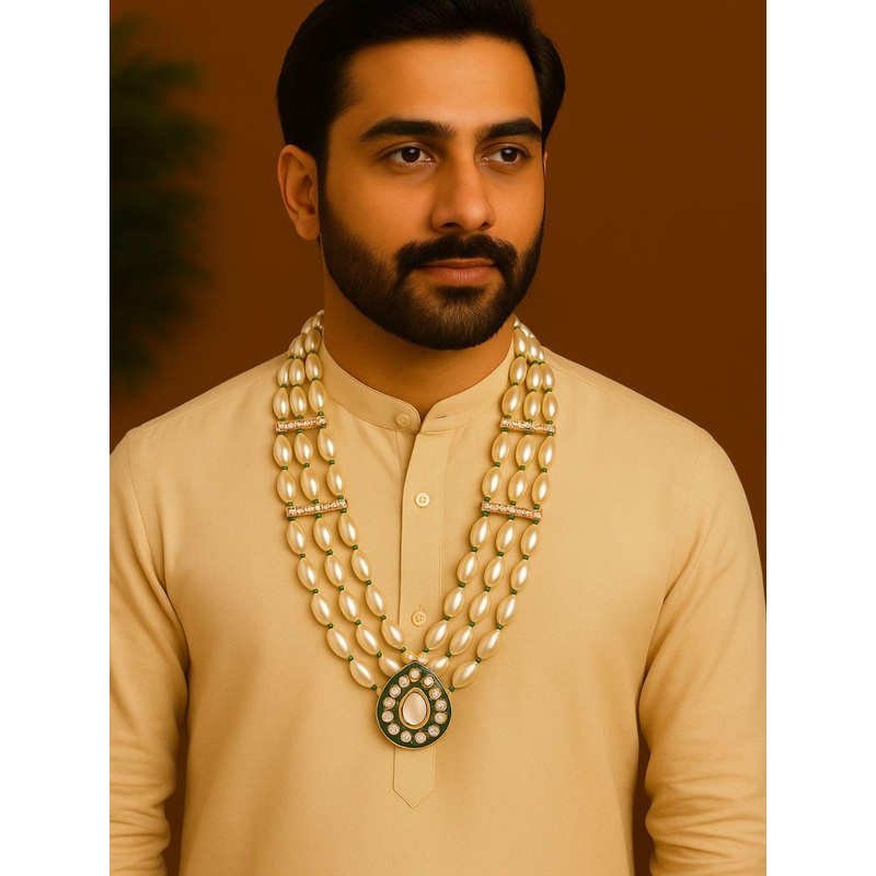 I Jewels Men Gold-Plated Artificial Stones Studded & Beaded Layered Teardrop Necklace