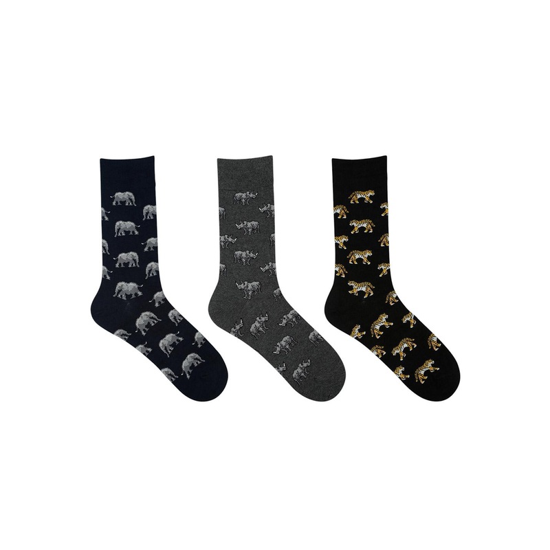 Socksxpress WWF Men Pack of 3 Rhino, Elephant, Tiger Patterned Cotton Calf-Length Socks