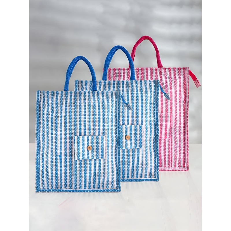 Aura Unisex Set Of 3 Striped Oversized Shoper Jute Tote Bags