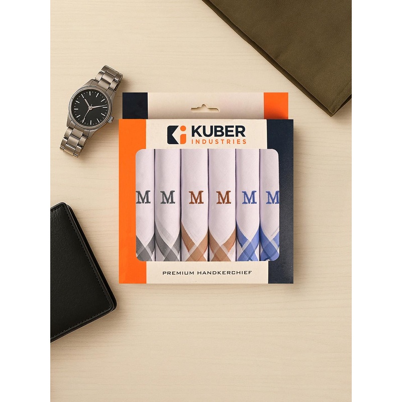 Kuber Industries Pack Of 6 Pure Cotton Monogram Letter M Embroidered Handkerchiefs