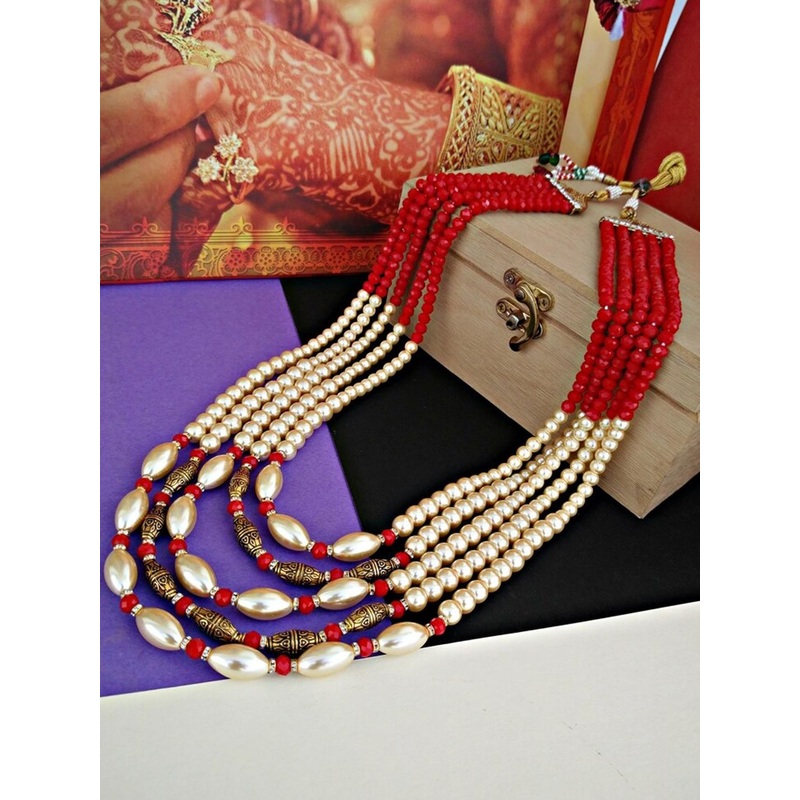 LUCKY JEWELLERY Designer Wedding Gold Red Color Layered Pearl Maharaja Haar Groom Necklace