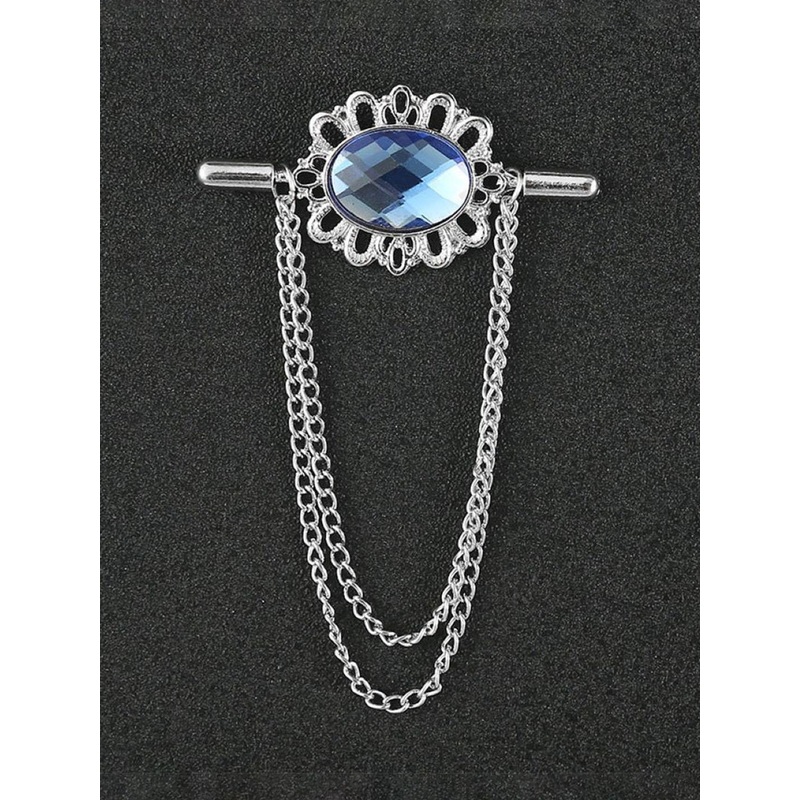 SYGA Men Stone Studded Suit Shirt Stud Lapel Pin Chain Tassel Brooch