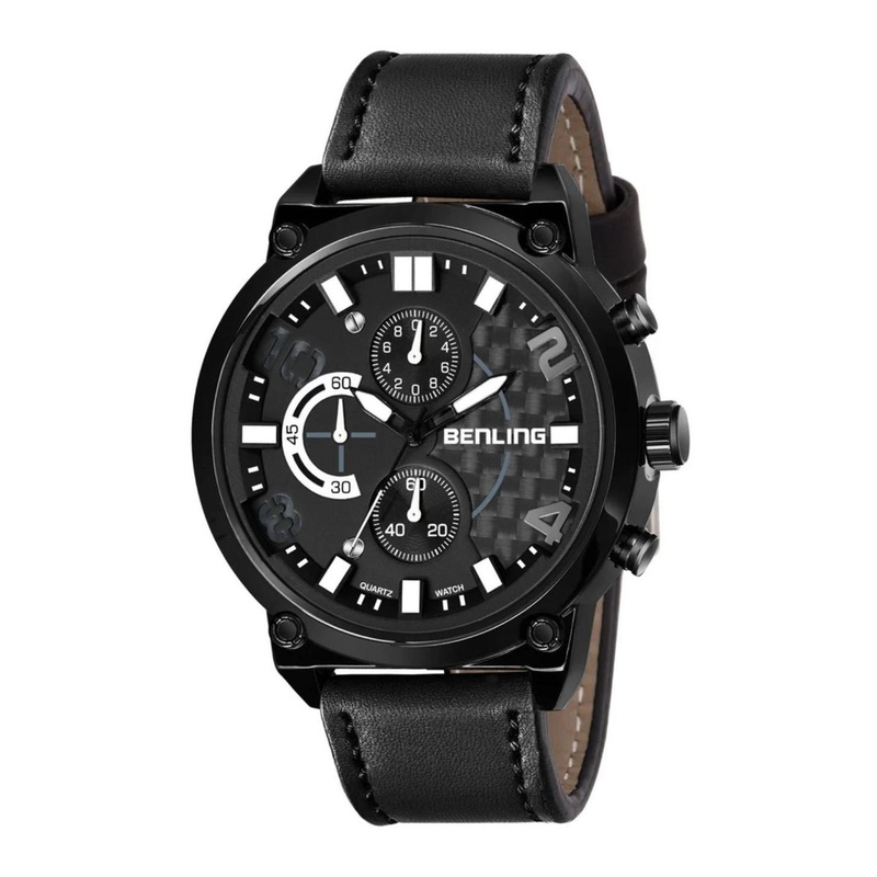 BENLING Men Leather Straps Analogue Watch BL-1009-BLK-WYT-MESH