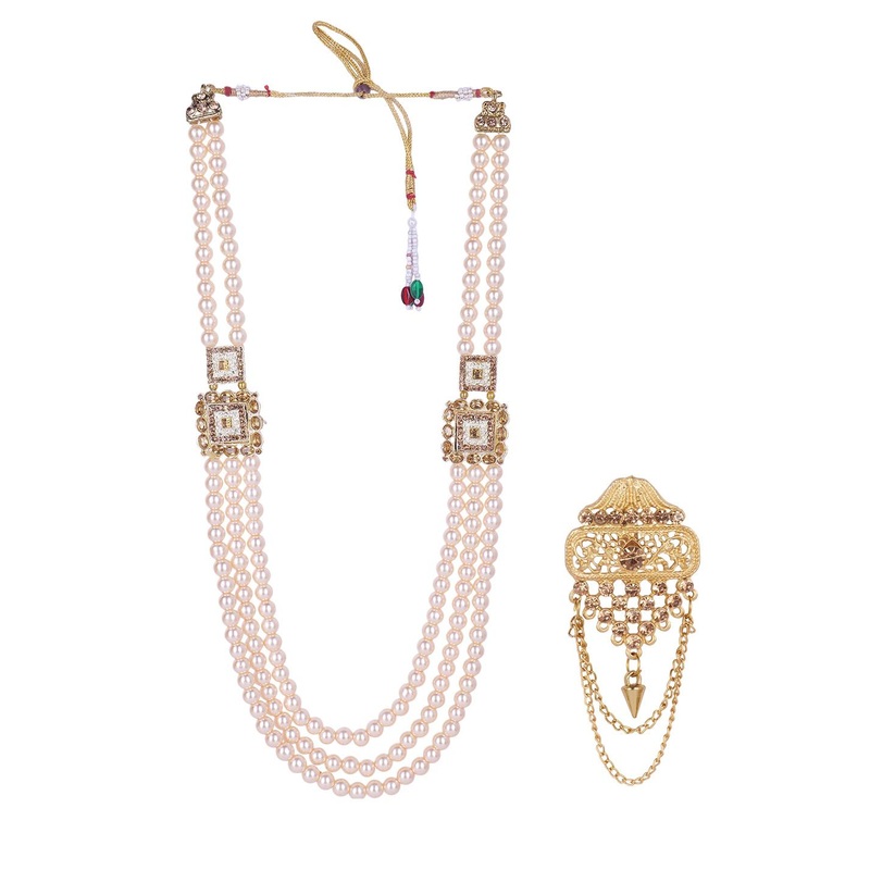JIYANSHI FASHION Men Gold-Plated Pearl Beaded Necklace & Brooch