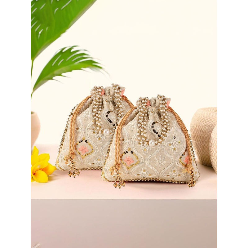 Kuber Industries Set Of 2 Floral Embroidered Pearls Studded Potli Clutches