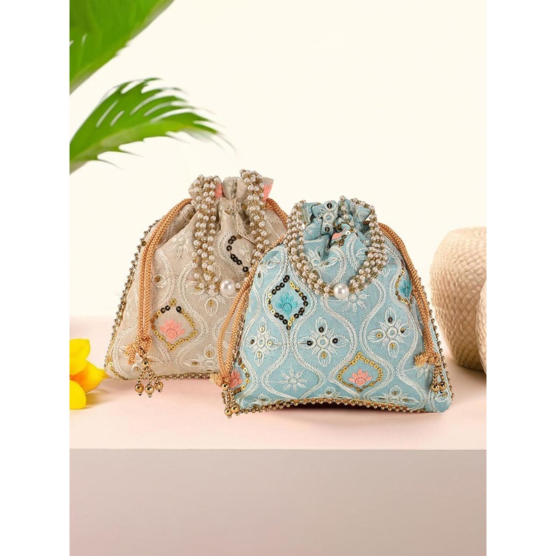 Kuber Industries Unisex Set Of 2 Embroidered Potli Clutches With Pearl Handles