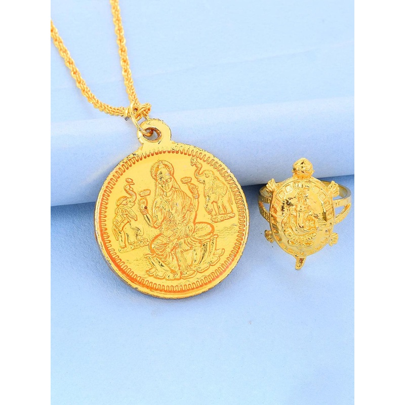 MEMOIR Unisex Brass-Plated Circular Lord Lakshmi Necklace and Ring