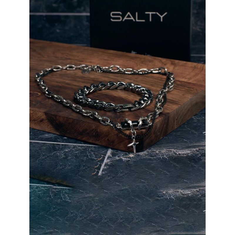 SALTY Men Stainless Steel Crucible Cross Layered Chain And Bracelet Set