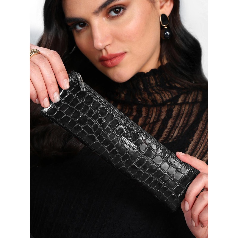 Sassora Black Genuine Leather Medium Size Pencase Holder Stationery