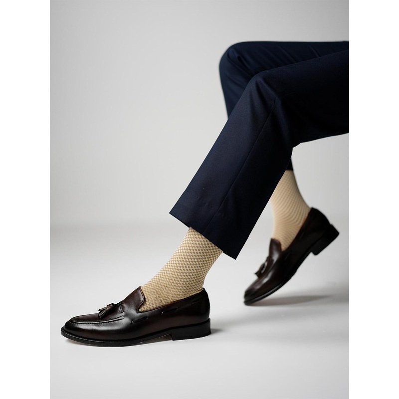 Theater Men Cream Checked Mercerized Cotton Formal Socks