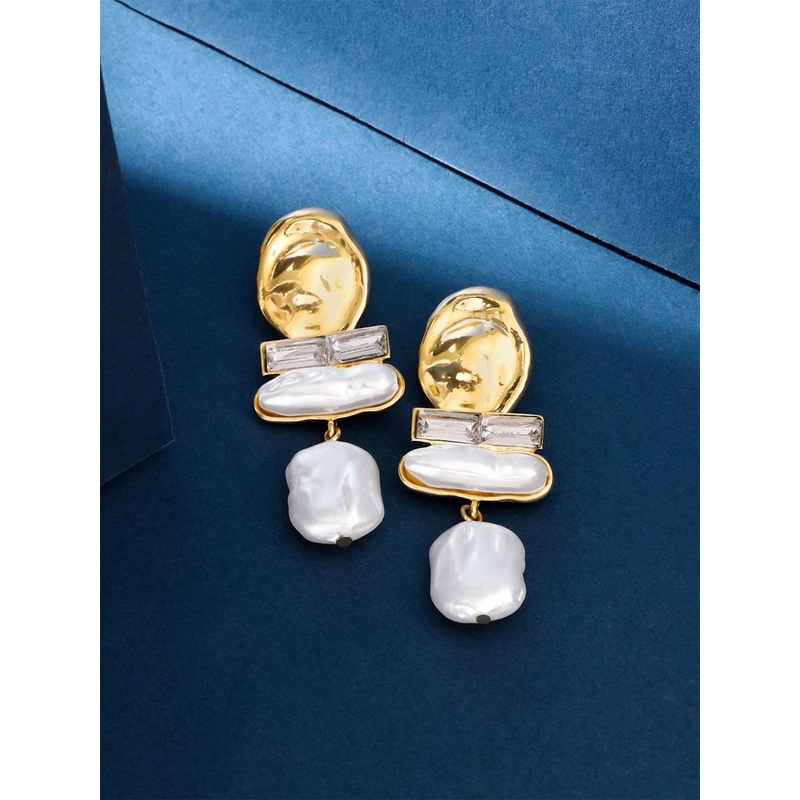 Yellow Chimes Gold Pated Pearls Studded Contemporary Drop Earrings